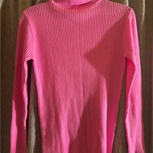 Slim Ribbed Long-Sleeve Mock Neck Top — Bright Pink